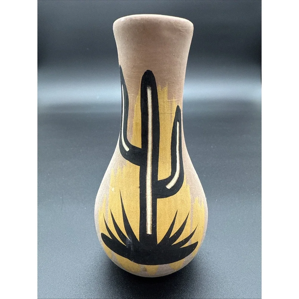 Mini Mexican‎ Style Cactus Carved Pottery Vase Hand Painted 4.5 In Signed AZ.